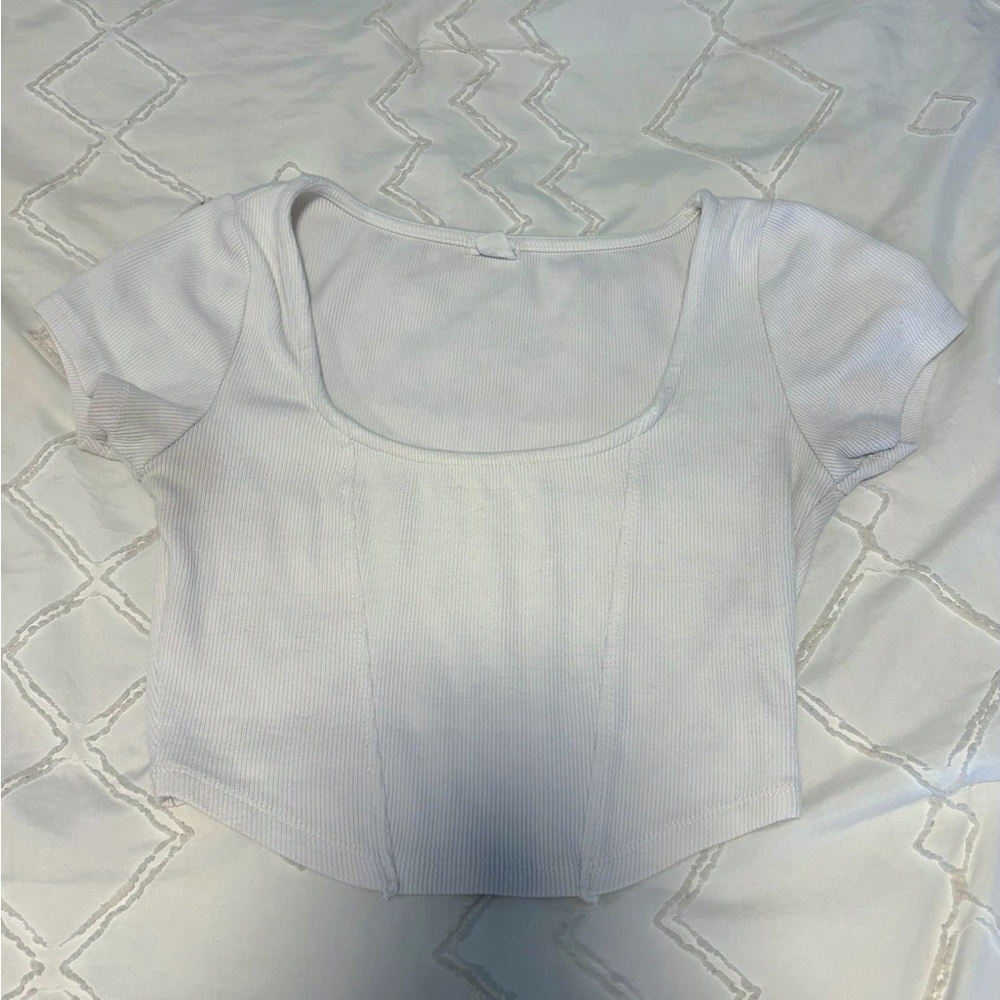 Garage White and Gray Crop Top Fitted T-Shirt